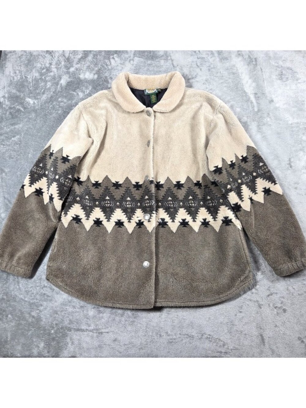 Vtg Cabelas Jacket Womens XL Beige Southwestern Geometric Tribal Teddy Cardigan